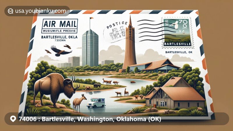 Modern illustration of Bartlesville, Oklahoma, featuring air mail envelope with Woolaroc Museum & Wildlife Preserve and Price Tower, showcasing harmony between nature and modern architecture, including Oklahoma state symbols and postal elements.