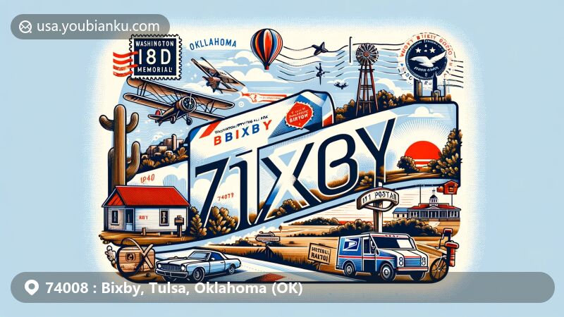 Modern illustration of Bixby, Oklahoma, representing ZIP code 74008, featuring Washington Irving Memorial Park and 181 Ranch within an airmail envelope, with stamps, postmark 'Bixby, OK 74008', mailbox, and postal truck.