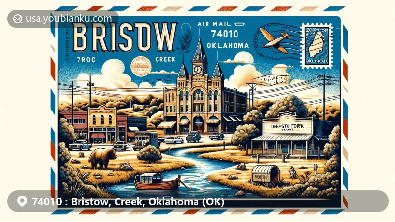 Modern illustration of Bristol, Creek County, Oklahoma, representing historic downtown area and natural beauty like Deep Fork National Wildlife Refuge or Keystone State Park, featuring vintage postcard design with postal elements and highlighting ZIP code 74010.