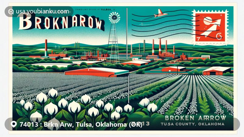 Modern illustration of Broken Arrow, Oklahoma, featuring ZIP Code 74013, blending agricultural heritage with manufacturing prominence, and showcasing the greenery and hills of Green Country. Includes Roman Catholic Diocese Of Tulsa and clever integration of postal elements.