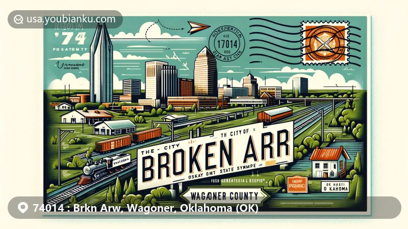Modern illustration of Broken Arrow, Wagoner County, Oklahoma, showcasing cityscapes, lush landscapes, and symbols of the state, with postal elements like postcard shape, stamps, postmark, and ZIP Code 74014.