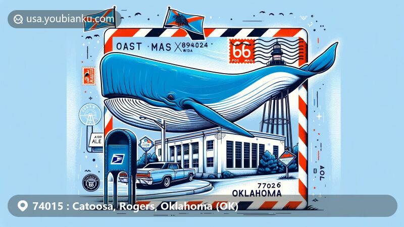 Modern illustration of Catoosa, Rogers, Oklahoma (OK), featuring the iconic Blue Whale landmark on Route 66, airmail envelope with ZIP Code 74015, classic mailbox, and Oklahoma state flag.