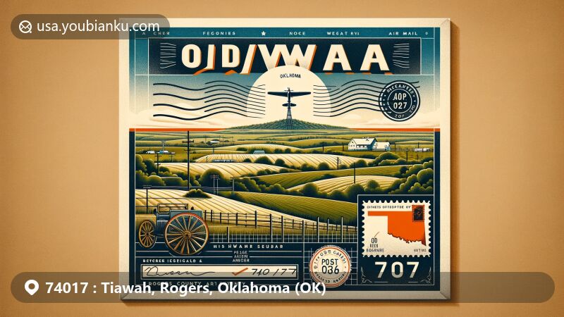 Modern illustration of Tiawah, Oklahoma, showcasing rural beauty and postal significance, with a vintage air mail envelope featuring ZIP code 74017 and Rogers County stamp.