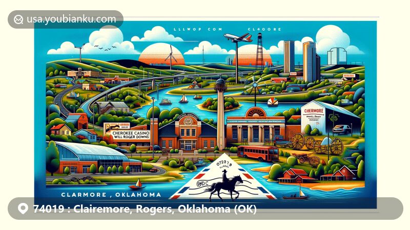 Modern illustration of Claremore, Rogers County, Oklahoma, representing ZIP code 74019, featuring Will Rogers Memorial Museum, Cherokee Casino Will Rogers Downs, and Claremore Lake, merging postal elements with local landmarks and cultural symbols.
