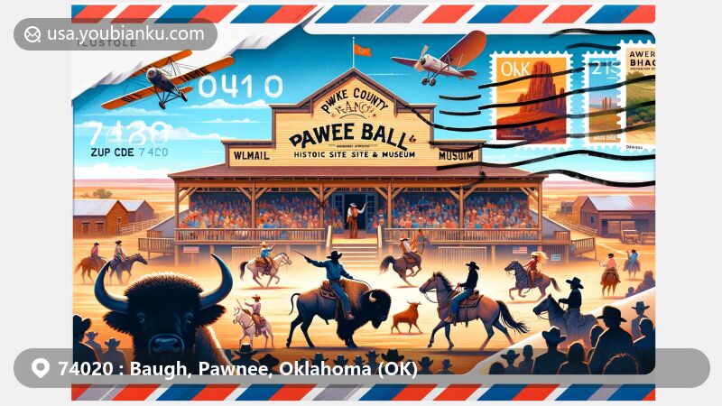 Vibrant illustration of Pawnee Bill Ranch Historic Site & Museum in Baugh area, Pawnee County, Oklahoma, known for Pawnee Bill's Wild West Show, capturing lively Wild West show essence with performers, animals, and excited audience, featuring a creative aviation envelope in foreground revealing ZIP Code 74020, adorned with iconic Oklahoma imagery like state flag and silhouette of a bison stamp.