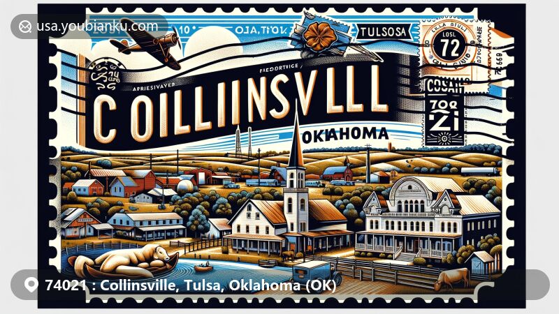 Modern illustration of Collinsville, Oklahoma, highlighting iconic landmarks and characteristics for ZIP code 74021, featuring historic downtown area, agricultural heritage, and natural beauty of rolling hills and plains.