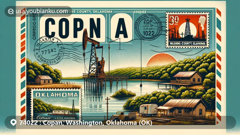Modern illustration of Copan, Oklahoma, featuring Copan Lake and lush greenery, with a vintage postcard frame showcasing the town's history, including an oil derrick symbolizing the early oil industry presence. Postal stamps depict the Oklahoma state flag, Atchison, Topeka & Santa Fe Railway station, and ZIP code 74022.