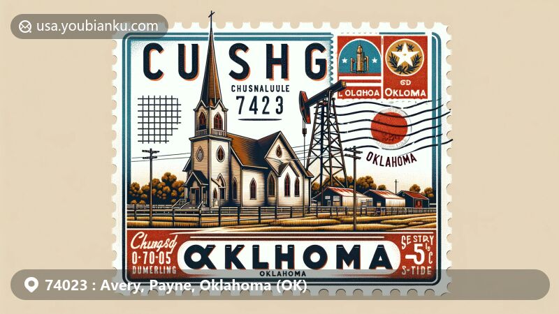 Modern illustration of Cushing, Oklahoma, showcasing ZIP code 74023, featuring Immanuel Lutheran Church, oil derrick, Oklahoma state flag, vintage postal stamp, and scenic Oklahoma plains and sky.
