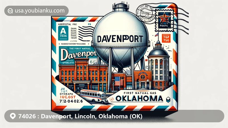 Modern illustration of Davenport, Lincoln County, Oklahoma, showcasing postal theme with ZIP code 74026, featuring historic Broadway Street and the 1925 gas tank, symbols of Route 66 heritage, with Oklahoma state flag and postal elements.