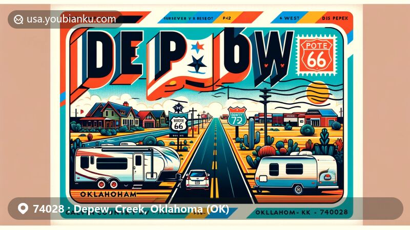 Modern illustration of Depew, Oklahoma, showcasing connection to Historic Route 66, local RV culture, and symbols of Oklahoma, with postcard background, stamps, postmark, and ZIP code 74028.