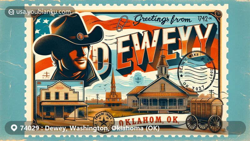 Modern illustration of Dewey, Oklahoma, featuring ZIP code 74029, showcasing vintage postcard design with local landmarks like Tom Mix Museum and Prairie Song Pioneer Village.