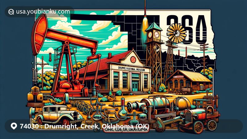 Modern illustration of Drumright, Creek County, Oklahoma, capturing the rich oil history and community impact, featuring Drumright Historical Museum, old oil derrick, 1915 Santa Fe Depot, and '74030' ZIP code.