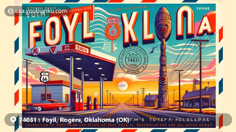 Modern illustration of Foyil, Oklahoma, featuring Ed Galloway's Totem Pole Park and Route 66 with postal elements like stamp, postmark, and ZIP Code 74031.