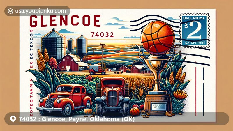 Creative illustration of Glencoe, Oklahoma, merging agricultural heritage and basketball achievements, with a vibrant farm scene, basketball trophy, and postal elements like stamp and postmark.
