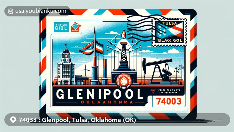 Modern illustration of Glenpool, Tulsa County, Oklahoma, showcasing postal theme with ZIP code 74033, featuring Oklahoma state flag and oil well stamp, symbolizing town's history, communication, and connection.