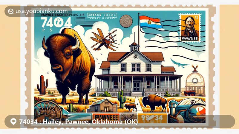 Modern illustration of Hailey, Pawnee County, Oklahoma, blending postal elements with local landmarks like Pawnee Bill Ranch Historic Site & Museum, Dick Tracy comic strip mural, and Pawnee Nation symbols.