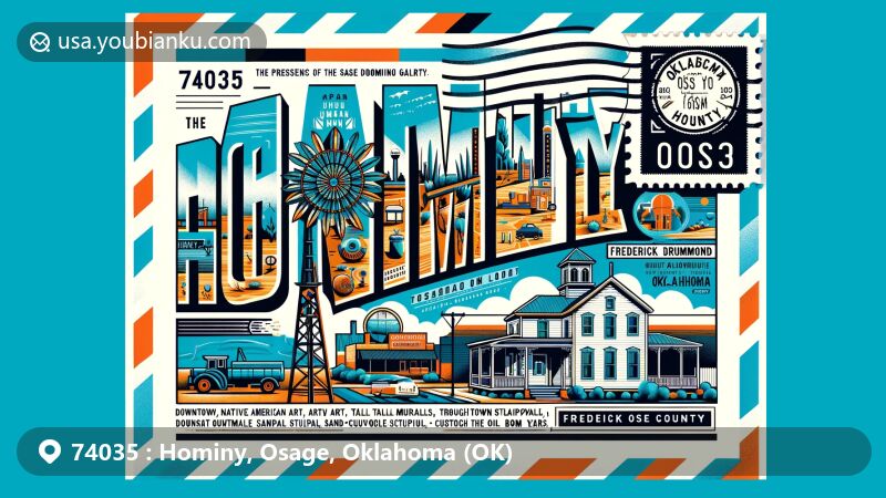 Modern illustration of Hominy, Osage County, Oklahoma, featuring Cha' Tullis Art Gallery, downtown murals, metal sculptures, and turquoise jewelry, with Frederick Drummond Historic Home and Oklahoma state flag in the backdrop.