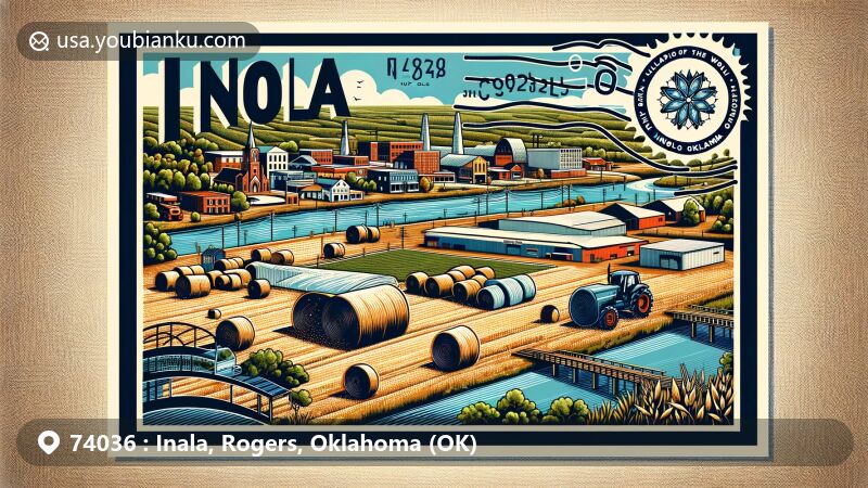 Modern illustration of Inola, Oklahoma, featuring postal theme with ZIP code 74036, showcasing hay bales and farmland, town center, industrial park, Enel Group solar project, and Verdigris River. Includes tractor, Amish horse-drawn carriage, and artistic rendition of 'Inola - Hay Capital of the World' slogan.