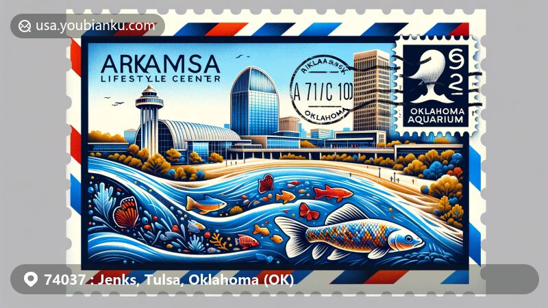 Modern illustration of Jenks, Tulsa County, Oklahoma, capturing the essence of the town with Arkansas River and RiverWalk lifestyle center, featuring stamp symbol for Oklahoma Aquarium.