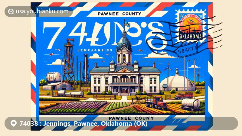 Modern illustration of Jennings, Pawnee County, Oklahoma, showcasing the Pawnee County courthouse, oil fields, and traditional agricultural scenes within a postal-themed design with ZIP code 74038.