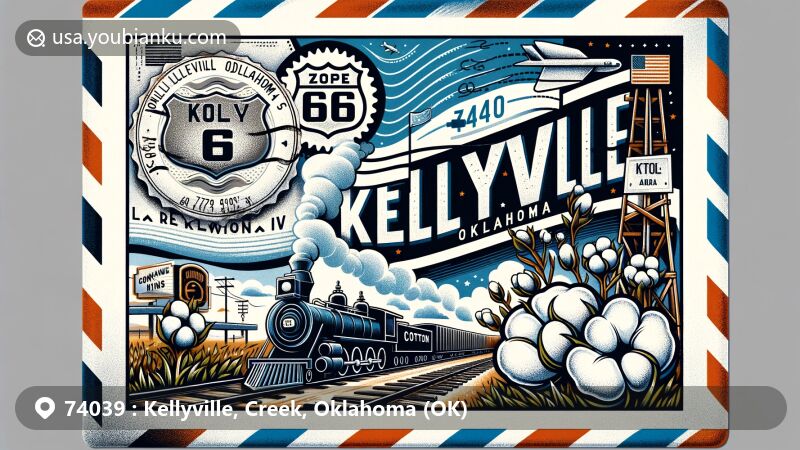 Modern illustration of Kellyville, Oklahoma, depicting airmail envelope with '74039' and 'Kellyville, OK' theme, with Route 66 vintage road signs and cotton motifs in background.