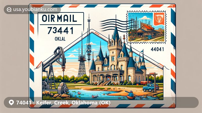 Modern illustration of Kiefer, Oklahoma, showcasing a vintage-style air mail envelope framing the charming Kiefer Castle, surrounded by a vibrant community scene with nods to the town's history as an oil boom town and elements of outdoor activities. Features ZIP code 74041.