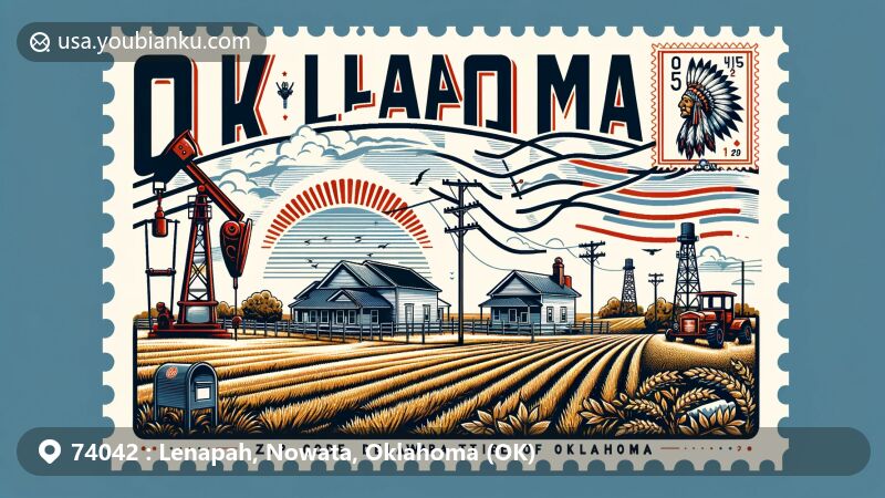 Modern illustration of Lenapah, Oklahoma, showcasing its agricultural community, early oil and gas discoveries, and connection to the Delaware Tribe of Indians, representing the town's history and heritage in a postcard format with farmlands, oil rigs, and native symbols.