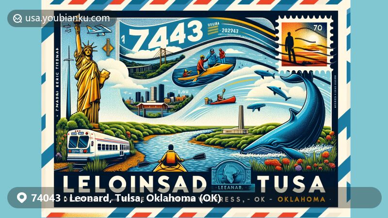 Modern illustration of Leonard, Tulsa, Oklahoma, capturing the essence of ZIP code 74043 with iconic landmarks like the Golden Driller statue, Arkansas River activities, Blue Whale of Catoosa, and lush green natural preserves.