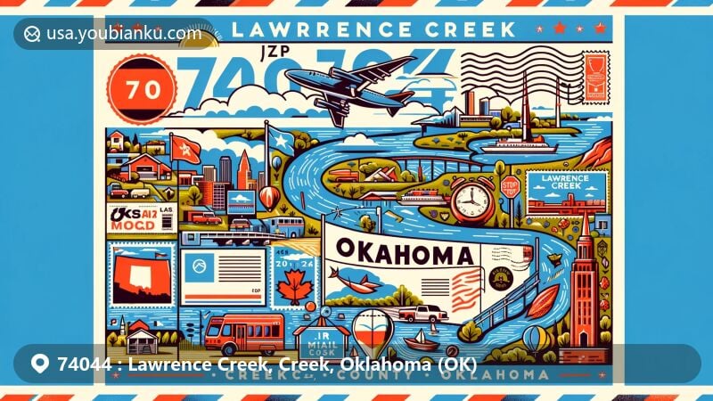 Modern illustration of Lawrence Creek, Creek County, Oklahoma, displaying a postal theme with ZIP code 74044, featuring a postcard, air mail envelope, postage stamps, and postmarks, showcasing geographical landmarks and cultural elements, suggesting a bedroom community with ties to Sapulpa and Tulsa, including Oklahoma state symbols.