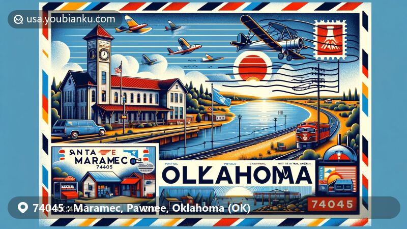Modern illustration of Maramec, Oklahoma, showcasing postal theme with ZIP code 74045, featuring Santa Fe depot, Maramec Lake, and Oklahoma state flag.