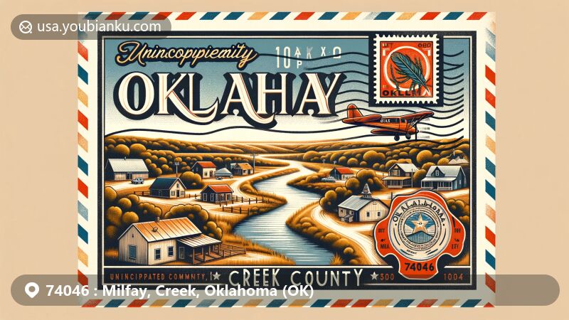 Modern illustration of Milfay, Creek County, Oklahoma, featuring state flag and vintage air mail envelope, showcasing postal art with Oklahoma state symbols and ZIP code 74046.