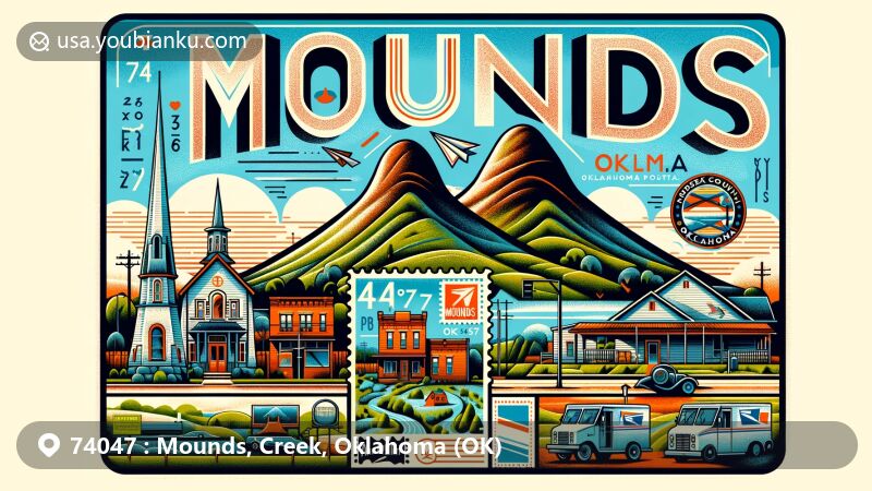 Modern illustration of Mounds, Creek County, Oklahoma, highlighting twin hills, historical preservation, and postal motifs for ZIP code 74047, blending rural charm with small-town atmosphere.