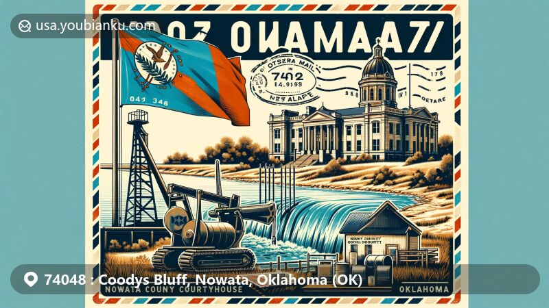 Modern illustration of Coodys Bluff, Nowata, Oklahoma, highlighting historic Nowata County Courthouse, Oklahoma state flag, and oil derrick representing petroleum industry, with Verdigris River in the background.