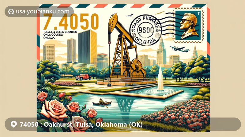 Modern illustration of Oakhurst, Tulsa and Creek counties, Oklahoma, highlighting Golden Driller statue and Woodward Park, featuring postal theme elements like postcard and air mail envelope, with lush greenery and roses from Tulsa Rose Garden.