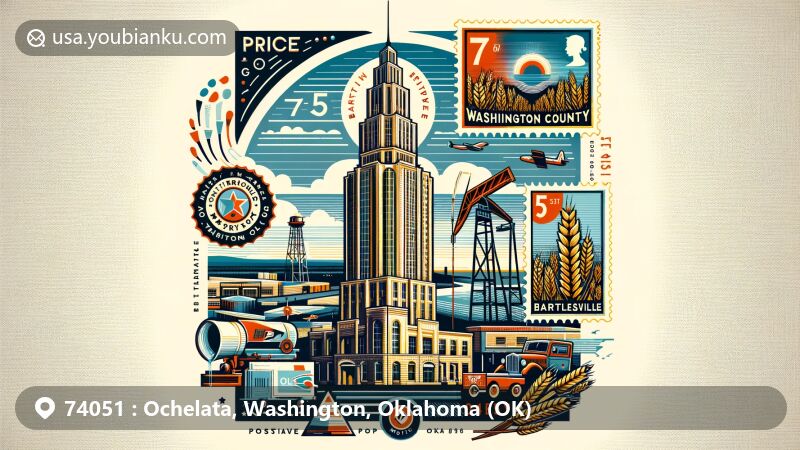 Modern illustration of the Price Tower in Bartlesville, Washington County, Oklahoma, featuring vintage air mail envelope with ZIP code 74051, postmark, and postage stamps celebrating agricultural legacy.