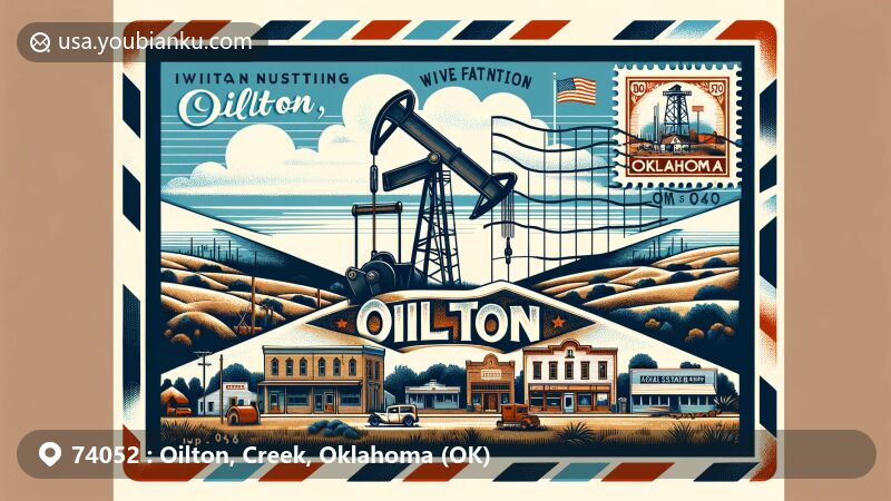 Modern illustration of Oilton, Oklahoma, showcasing postal theme with ZIP code 74052, featuring rural charm and oil boom town history.