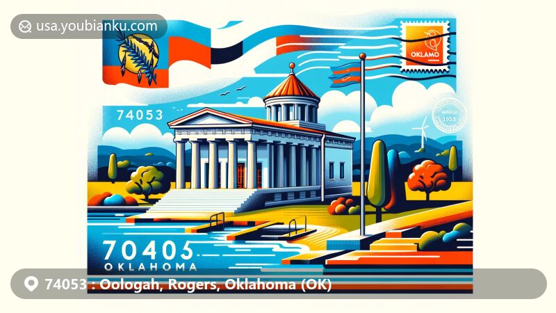 Creative postcard illustration of Will Rogers Birthplace Ranch and Oologah Lake in postal code area 74053, featuring Greek Revival architecture and Oklahoma state symbols.