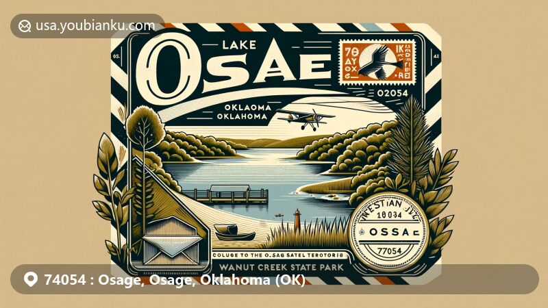 Modern illustration of Osage, Oklahoma, incorporating postal themes and natural beauty, featuring Lake Keystone and Walnut Creek State Park.
