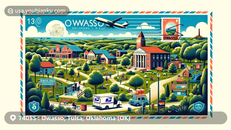 Modern illustration of Owasso, Oklahoma, highlighting outdoor recreation and postal elements, featuring Robson Ranch Park, Owasso Performing Arts Center, Owasso Public Library, and airmail envelope with postal icons.