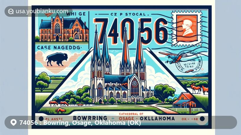 Modern illustration of Bowring, Osage County, Oklahoma, featuring Cathedral of the Osage and symbols of the Osage Nation Heritage Trail, such as wild horses and buffalo, along with postal elements and ZIP code 74056.
