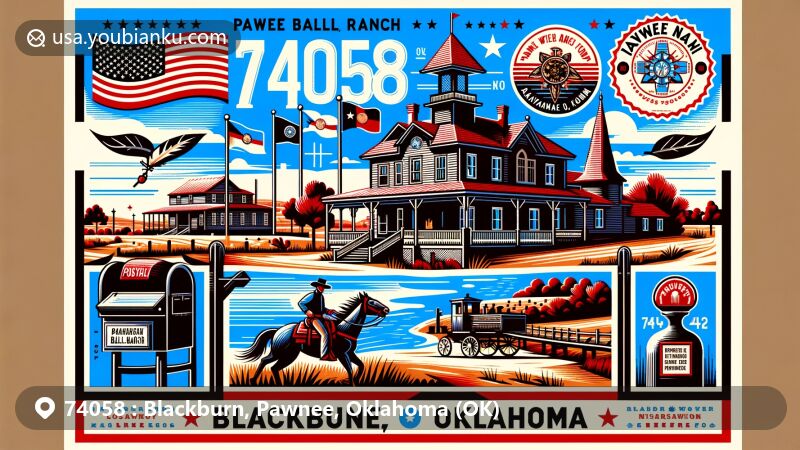 Modern illustration of Blackburn, Pawnee, Oklahoma, featuring Pawnee Bill Ranch, Pawnee Nation flag, and postal elements with ZIP code 74058, reflecting Wild West legacy and Native American heritage.