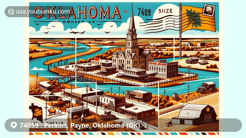 Modern illustration of Perkins, Oklahoma, showcasing historical and modern aspects, including imagery from Land Run of 1889 and the Cimarron River, with '74059' ZIP code stamp, postmark, and Oklahoma state flag.