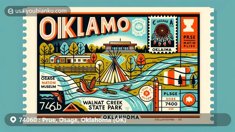 Modern illustration of Prue, Osage, Oklahoma, highlighting Osage Nation Museum and Walnut Creek State Park with postal theme including stamp, postmark, and ZIP code 74060, featuring Oklahoma outline and flag.