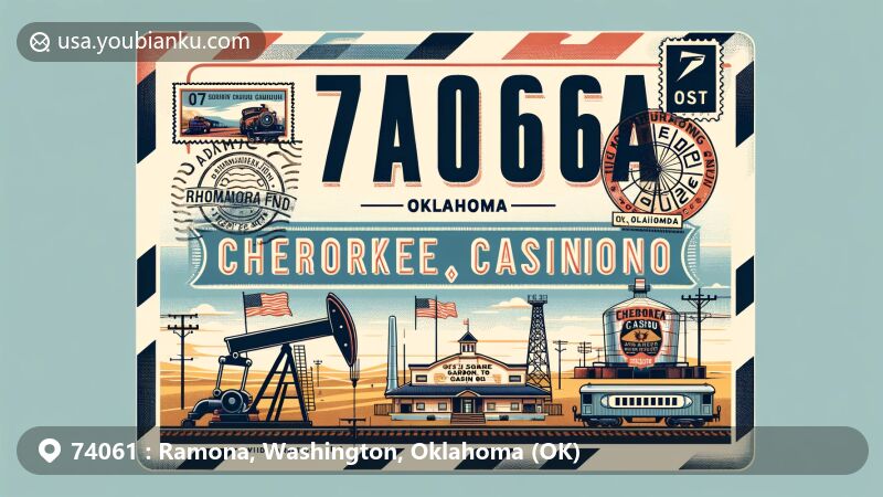 Modern illustration of Ramona, Oklahoma, centered around ZIP code 74061, featuring airmail envelope with stamps, Cherokee Casino Ramona, oil derrick, vintage train, and serene rural landscape.