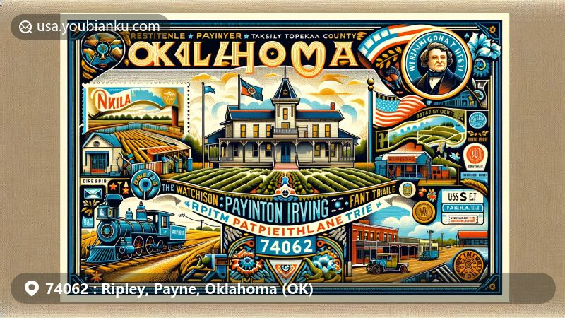 Modern illustration of Ripley, Payne County, Oklahoma, representing postal theme with ZIP code 74062, featuring Washington Irving Trail Museum and Atchison, Topeka, and Santa Fe Railway, blending local and postal elements in a creative, vibrant postcard design.