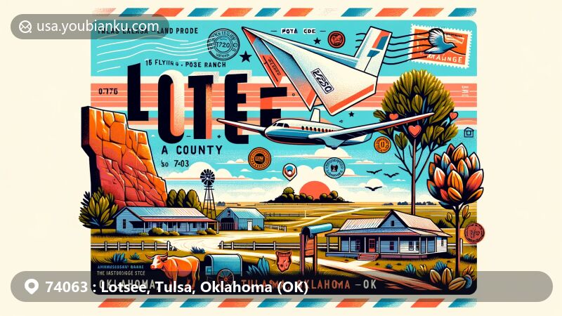 Modern illustration of Lotsee, Tulsa County, Oklahoma, featuring postal theme with ZIP code 74063, including elements such as postcard, air mail envelope, stamps, postmarks, and mailbox, showcasing Flying G Ranch and Oklahoma state symbols.