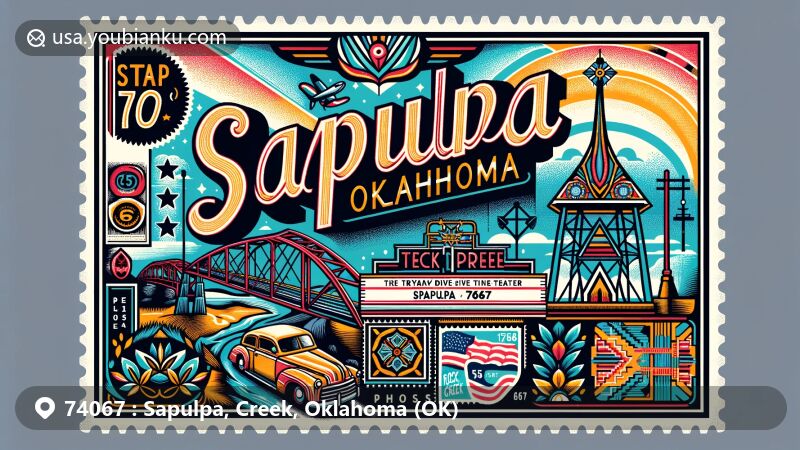 Modern illustration of Sapulpa, Oklahoma, highlighting ZIP code 74067, featuring Rock Creek Bridge and Tee Pee Drive-In Theater, embodying historical and Route 66 connections, with Frankoma Pottery motifs symbolizing 'The Crystal City of the Southwest'.