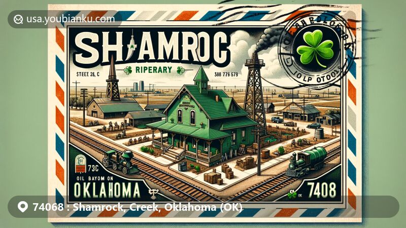 Modern illustration of Shamrock, Creek County, Oklahoma, blending historical and modern elements to showcase its past as an oil boomtown with Irish-themed streets like Tipperary Road and present as a small community. Features iconic green railroad depot, oil derricks, old businesses remnants, and agricultural elements within an airmail envelope design with Oklahoma state flag postage stamp and Shamrock, OK 74068 postmark.