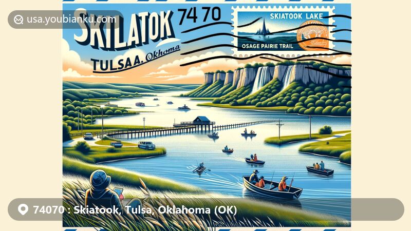 Modern illustration of Skiatook, Tulsa, Oklahoma, representing ZIP code 74070, featuring Skiatook Lake, tall grass prairie, and historic Osage Prairie Trail.