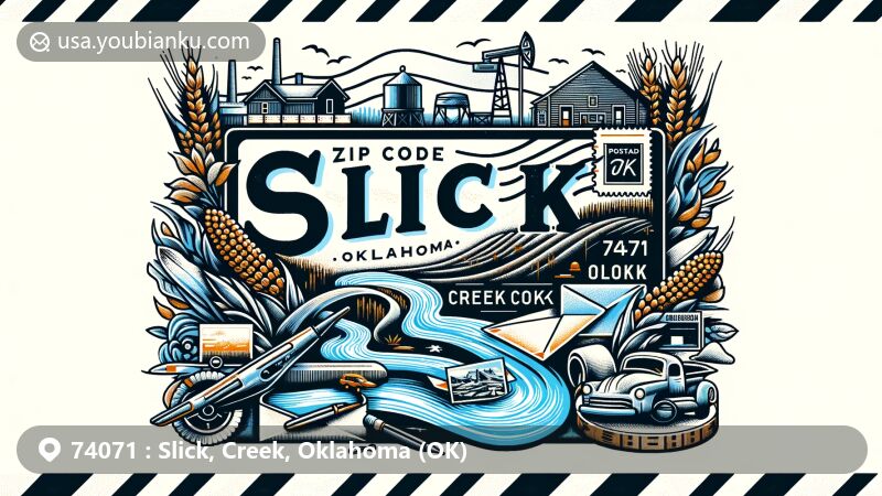 Modern illustration of Slick, Creek County, Oklahoma, showcasing postal theme with ZIP code 74071, featuring oil fields, agricultural resources, and natural beauty along the Cimarron River or Deep Fork River.